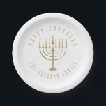 Happy Chanukah Menorah Holiday Paper Plate<br><div class="desc">These festive paper plates are perfect for your holiday party. They feature a gold coloured menorah. The message above it reads "Happy Hanukkah". Below the menorah is a place for your family name which you may personalise or remove if you'd like.</div>