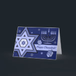 Happy Chanukah. Star of David, Menorah, Dreidels Holiday Card<br><div class="desc">Happy Chanukah. Star of David,  Menorah and Dreidels design customisable Greeting Cards. Matching cards,  party invitations and gifts available in the Jewish Holidays / Hanukkah Category of our store.</div>