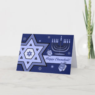 Happy Chanukah. Star of David, Menorah, Dreidels Holiday Card