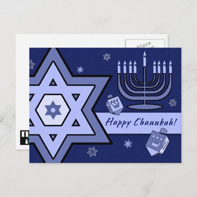 Happy Chanukah. Star of David, Menorah, Dreidels Postcard (Front/Back)