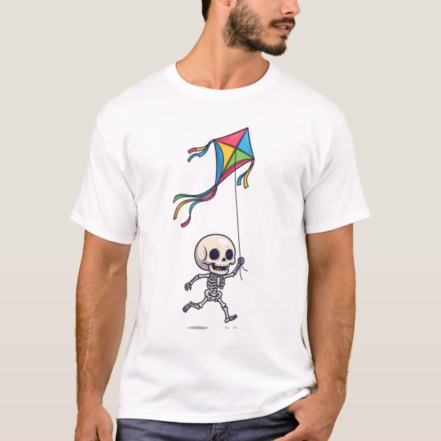 Happy Chibi Skeleton Running with Colourful Kite T-Shirt (Front)
