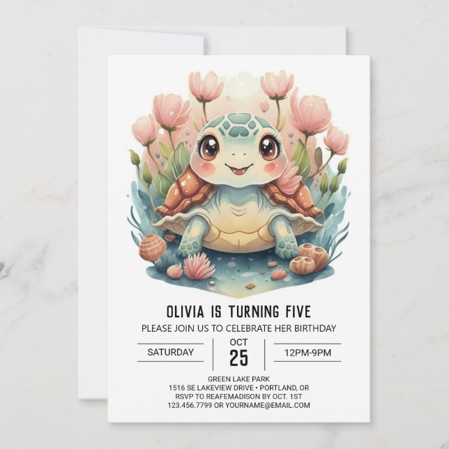 Happy Chic Turtle Girl Birthday Invitation (Front)