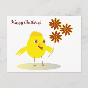Happy chick with flowers postcard