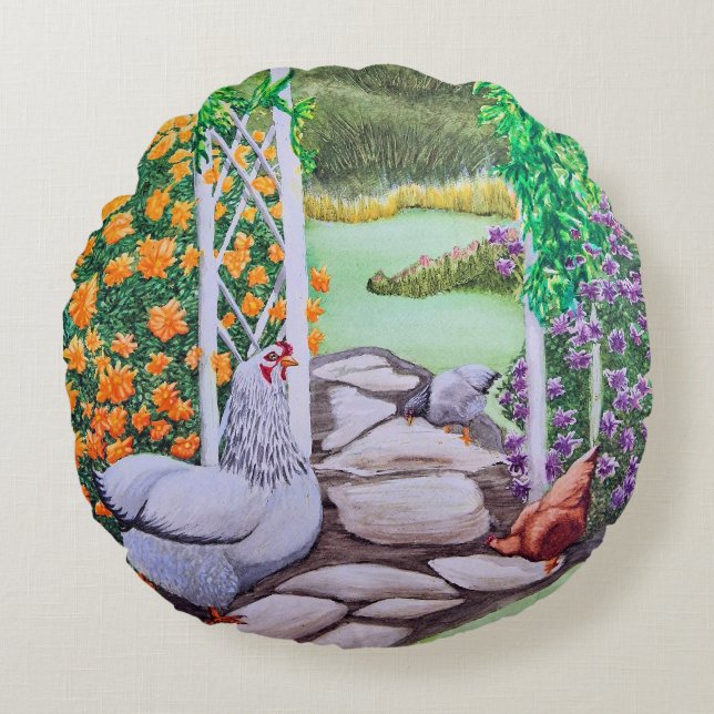 Happy Chicken Garden  Round Cushion (Front)