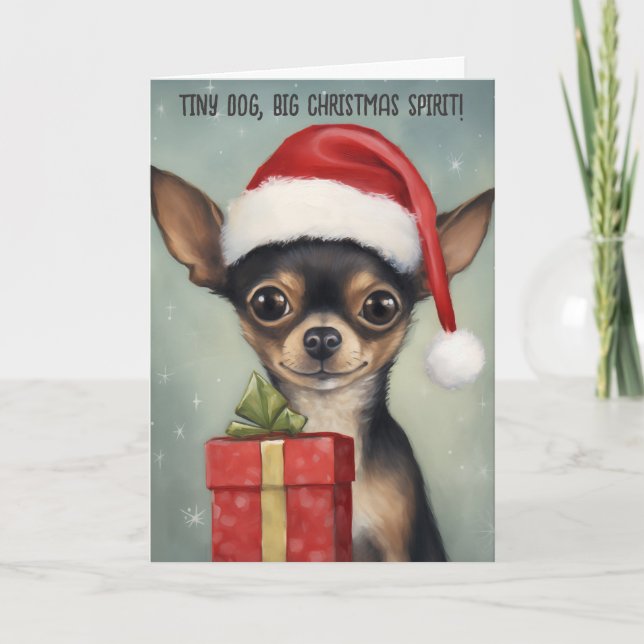 Happy Chihuahua Santa with Gift Christmas Card (Front)
