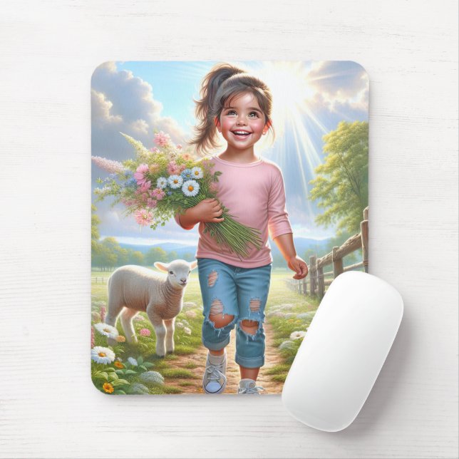 Happy Child With Lamb Mouse Pad (With Mouse)