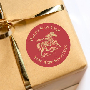 Happy Chinese Lunar New Year of the Horse Red Gold Classic Round Sticker