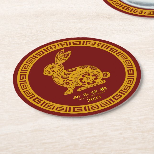 Happy Chinese New Year 2023 Rabbit  Red Gold  Round Paper Coaster (Angled)
