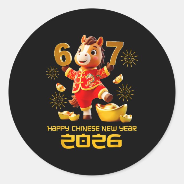 Happy Chinese New Year 2026 Funny Horse 6 7 Meme 6 Classic Round Sticker (Front)