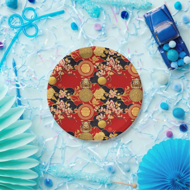 Happy Chinese New Year modern asian pattern Paper Plate (Party)