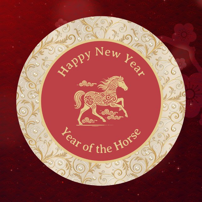 Happy Chinese New Year of Horse Elegant Gold Red  Classic Round Sticker (Creator Uploaded)