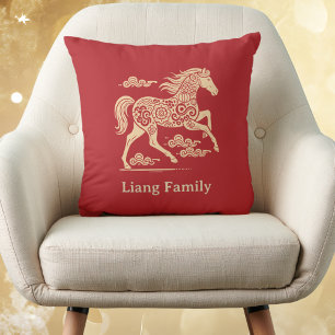 Happy Chinese New Year of Horse Elegant Gold Red  Cushion
