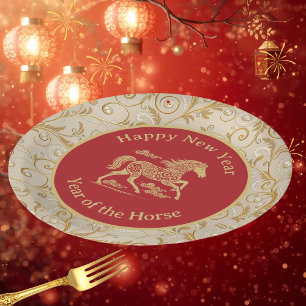 Happy Chinese New Year of Horse Elegant Gold Red Paper Plate