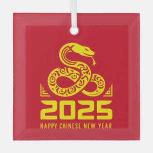 Happy Chinese New Year of the Snake 2025 Red Gold Glass Tree Decoration