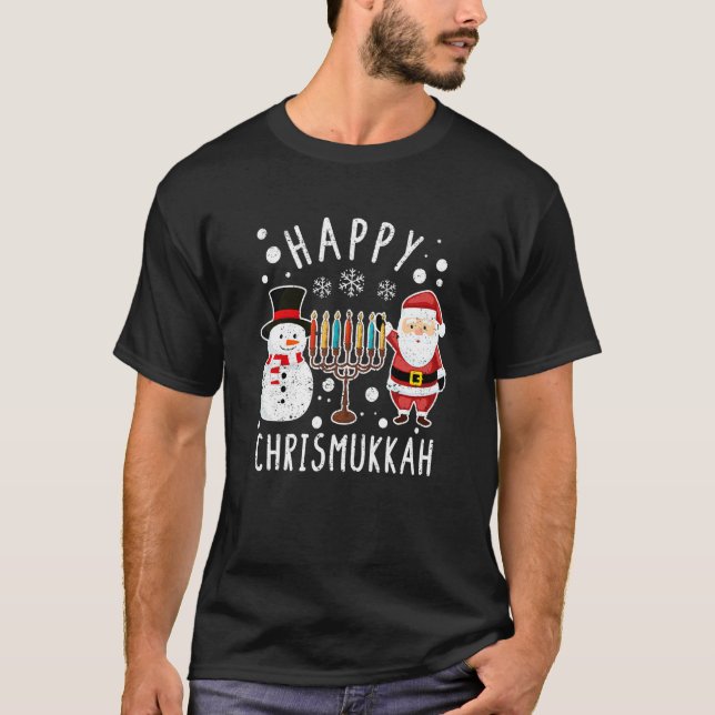 Happy Chrismukkah Christmas Hanukkah Santa Snowman T-Shirt (Front)