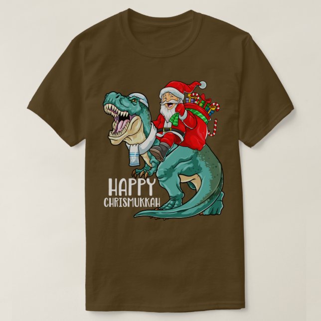 Happy Chrismukkah Hanukkah Christmas T Rex Dinosau T-Shirt (Design Front)
