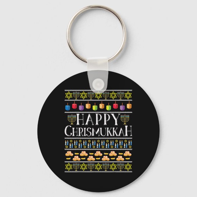 Happy Chrismukkah Hanukkah Ugly Christmas Theme De Key Ring (Front)