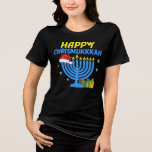 Happy Chrismukkah Menorah Santa Hat Holiday Tee<br><div class="desc">Celebrate the festive spirit of both Christmas and Hanukkah with this cheerful “Happy Chrismukkah” design! Featuring a bright blue menorah topped with a playful Santa hat, glowing candles, wrapped gifts, and snowflakes, this artwork brings together the best of both holidays in a fun and joyful way. Perfect for families who...</div>