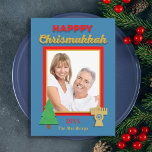 Happy Chrismukkah Tree and Menorah Photo Flat Card<br><div class="desc">This Chrismukkah flat greeting card has a bit of a nostalgic feel to it. Your photo is the centre of attention in a gold and red frame. The words, "Happy Chrismukkah" appear along the top with a tree and menorah along the bottom. The design can be personalised with the year...</div>