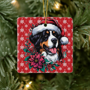 Happy Christmas Bernese Mountain Dog Santa Hat Ceramic Ornament