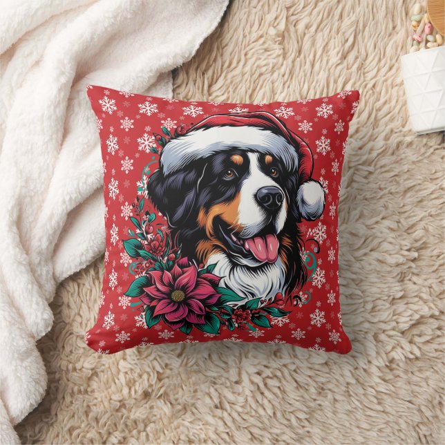 Happy Christmas Bernese Mountain Dog Santa Hat Cushion (Blanket)