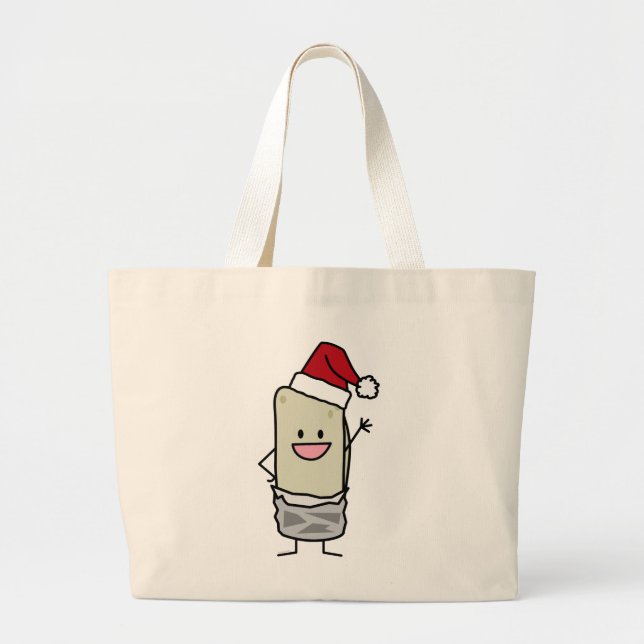 Happy Christmas Burrito Waving Hello Santa Hat Large Tote Bag (Front)