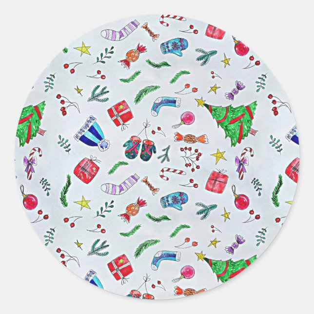 Happy Christmas Celebration Pattern Classic Round  Sticker (Front)