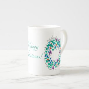 Happy Christmas Colourful Wreath Bone China Mug