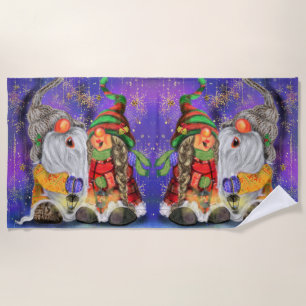 Happy Christmas Couple Gnome Beach Towel