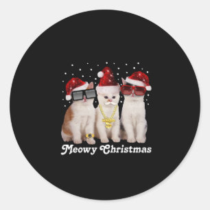 Happy Christmas   Cute Cat With Santa Claus Classic Round Sticker