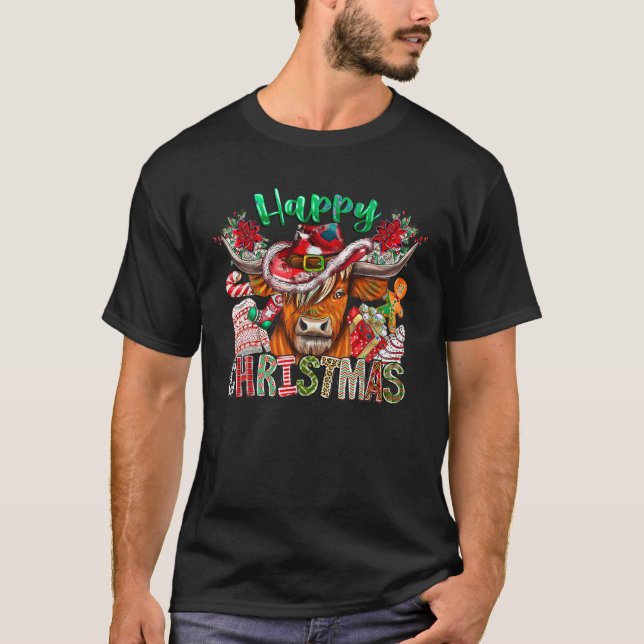 Happy Christmas Cute Highland Cow Xmas Cowboy Hat  T-Shirt (Front)