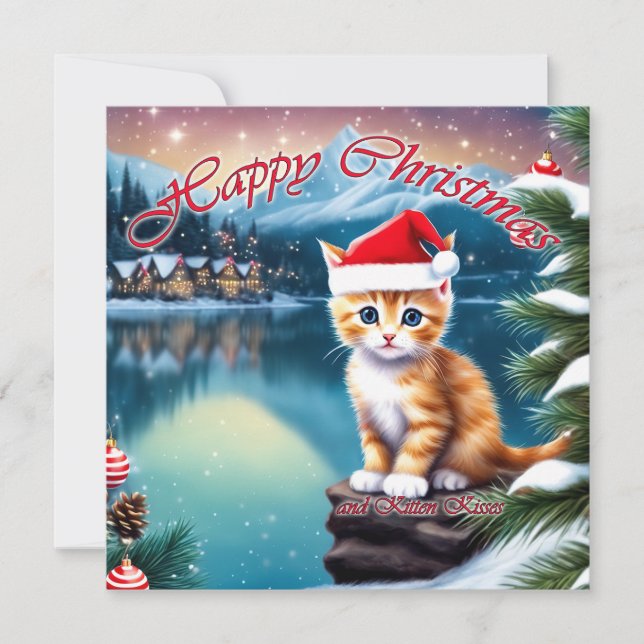 Happy Christmas Cute Kitten giving Kitten Kisses Holiday Card (Front)