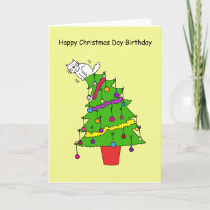 Happy Christmas Day Birthday, Cartoon Cat. Holiday Card
