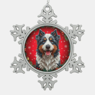 Happy christmas dog snowflake pewter christmas ornament
