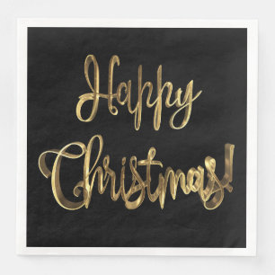 Happy Christmas Elegant Chic Black and Gold Text Napkin