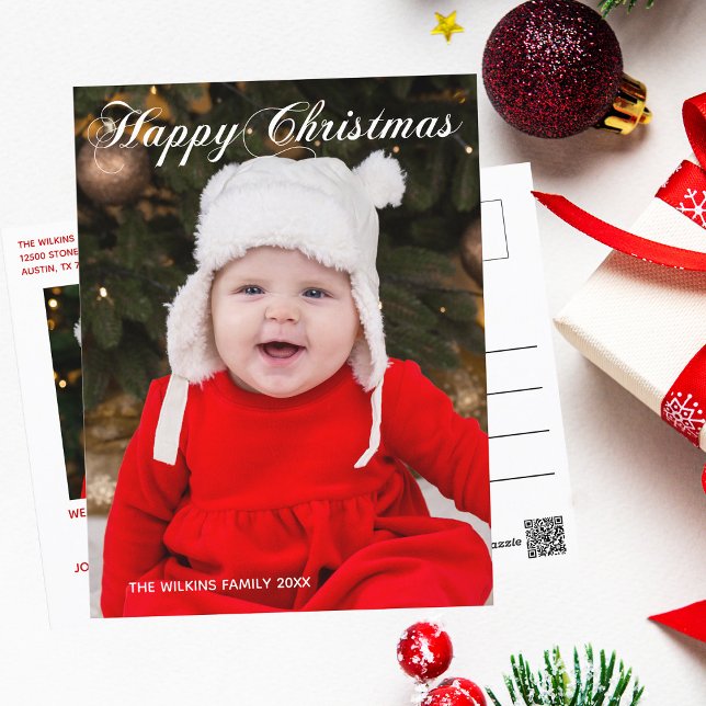 Happy Christmas Elegant White Script Holiday Photo Postcard (Creator Uploaded)
