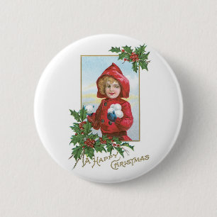 Happy Christmas Girl with Snowballs 6 Cm Round Badge