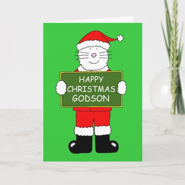 Happy Christmas Godson Cartoon Cat in Santa Outfit Card (Front)