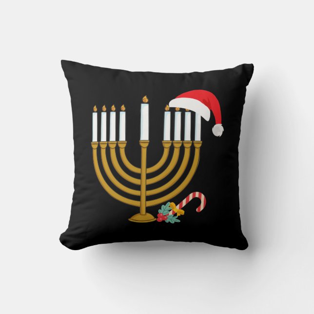 Happy Christmas Hanukkah Santa Hat Jewish Menorah Cushion (Front)