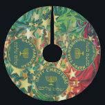 Happy Christmas Hanukkah Thanksgiving MULTI Custom Brushed Polyester Tree Skirt<br><div class="desc">This TREE SKIRT has been designed for families of different faiths and celebrations - THANKSGIVING, HANUKKAH and CHRISTMAS. So whether you celebrate 'Chrismukkah' or 'Thanksgivukkah', etc, this tree skirt covers all bases. Suitable for Christmas trees and Menorah trees. Customise the text in each of the three circles, which are unlinked,...</div>