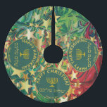 Happy Christmas Hanukkah Thanksgiving MULTI Custom Brushed Polyester Tree Skirt<br><div class="desc">This TREE SKIRT has been designed for families of different faiths and celebrations - THANKSGIVING, HANUKKAH and CHRISTMAS. So whether you celebrate 'Chrismukkah' or 'Thanksgivukkah', etc, this tree skirt covers all bases. Suitable for Christmas trees and Menorah trees. Customise the text in each of the three circles, which are unlinked,...</div>