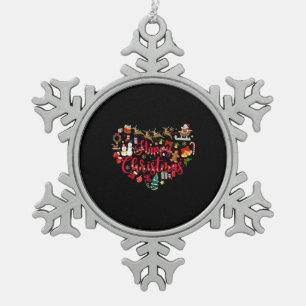 Happy Christmas Heart Santa Reindeer Snowflake Pewter Christmas Ornament