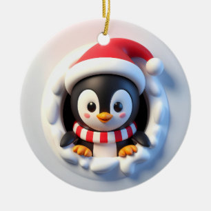 Happy Christmas Holiday Penguin Bursting Out  Ceramic Tree Decoration