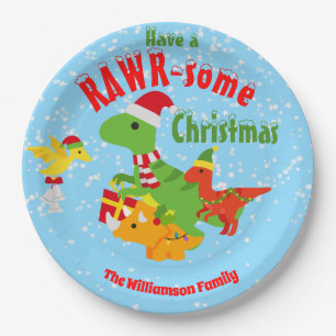 Happy Christmas Holidays Dinosaurs Paper Plate