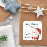 Happy Christmas Kids Name Love Santa Square Sticker<br><div class="desc">Happy Christmas Love Santa stickers for kids gifts,  personalised with your child's name. The wording is lettered in whimsical typography and is fully editable. Cute watercolor illustration of Santa Claus.</div>