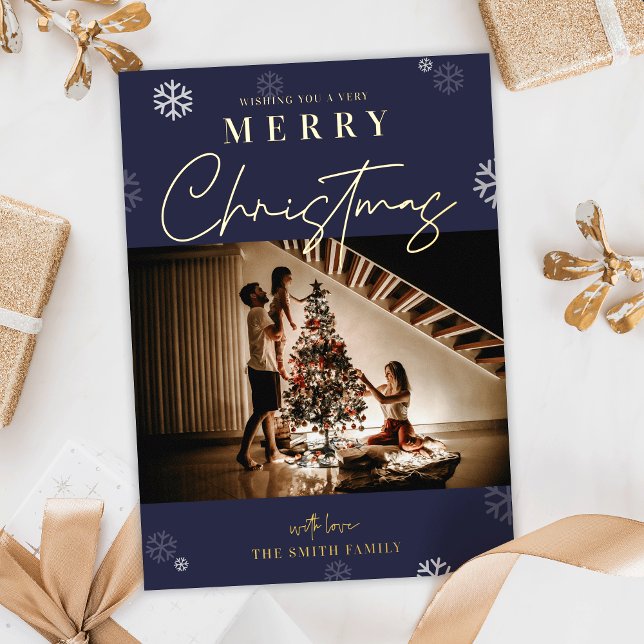 Happy Christmas Navy Festive One Family Photo (Elegant real foil Christmas greeting card in navy blue and space for one big photo)
