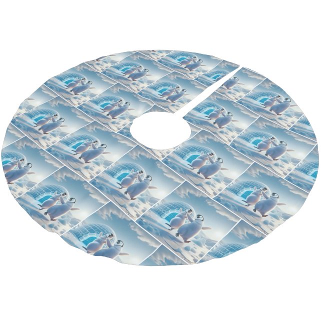 Happy Christmas Penguins Dancing Brushed Polyester Tree Skirt (Angled)