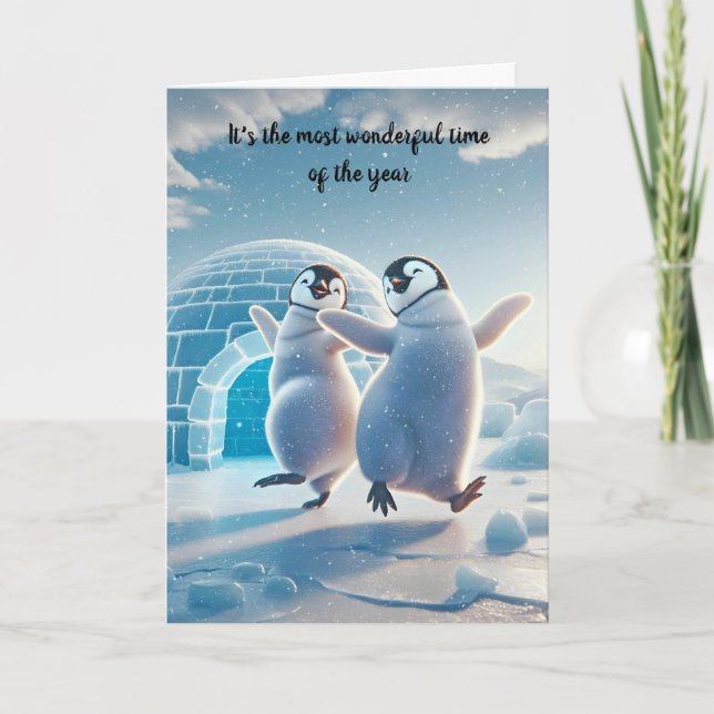 Happy Christmas Penguins Dancing Card (Front)