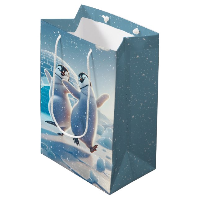 Happy Christmas Penguins Dancing Medium Gift Bag (Front Angled)