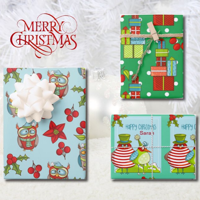 Happy Christmas Personalise Name Quirky Bird 3 Wrapping Paper Sheet (Creator Uploaded)